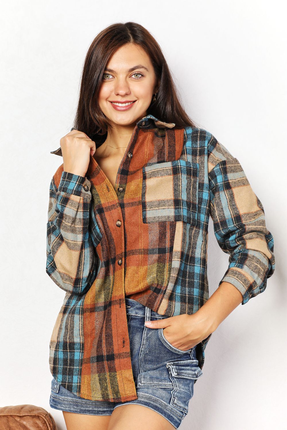 ZENANA, Plaid Shacket With Front Pocket