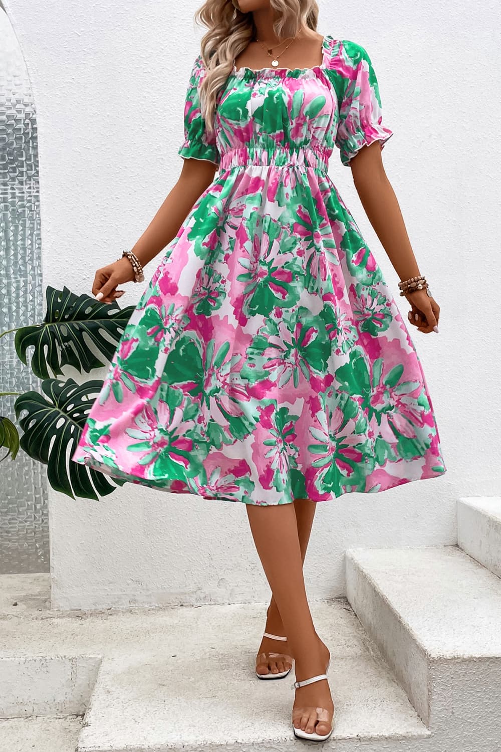 In Full Bloom Floral Frill Trim Square Neck Dress