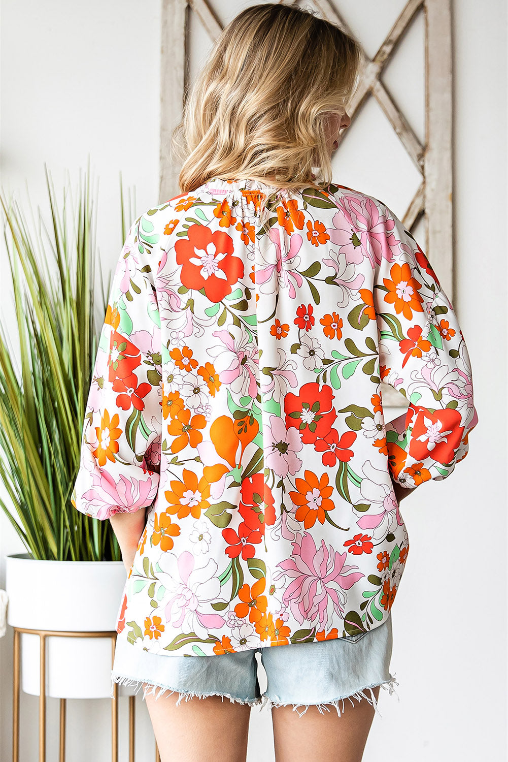 Summer Style Floral Notched Neck Balloon Sleeve Blouse