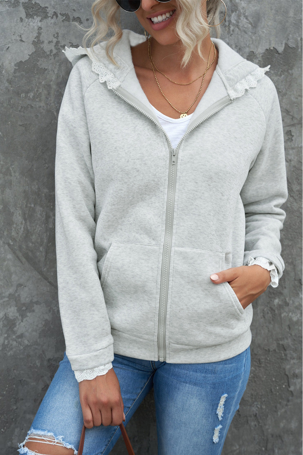 Sporty Chic Lace Trim Zip-Up Hooded Jacket
