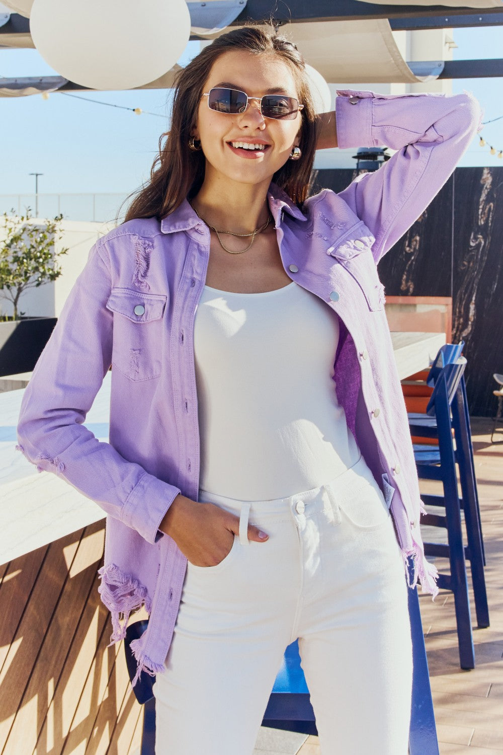 All I Really Want American Bazi Full Size Distressed Button Down Denim Jacket in Lavender