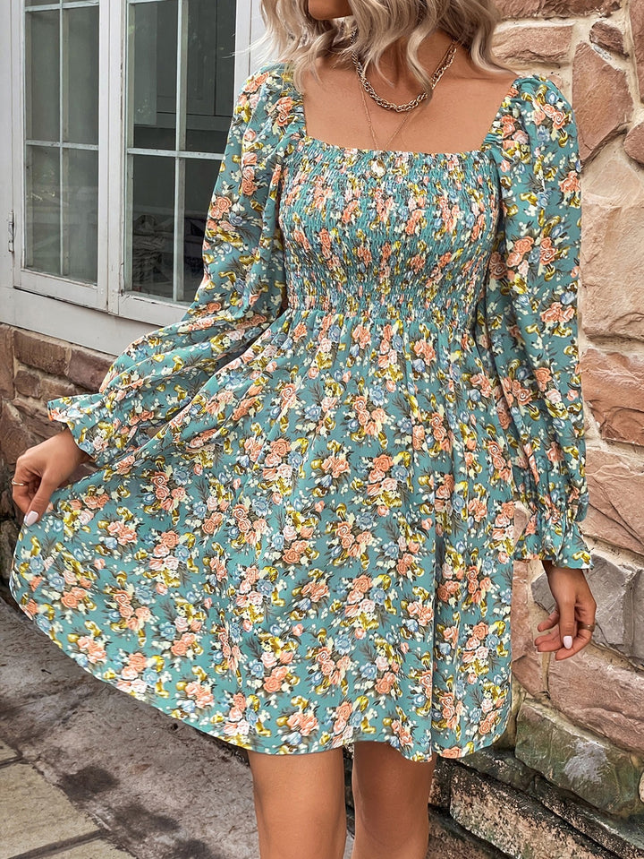 My Girl Floral Smocked Flounce Sleeve Square Neck Dress
