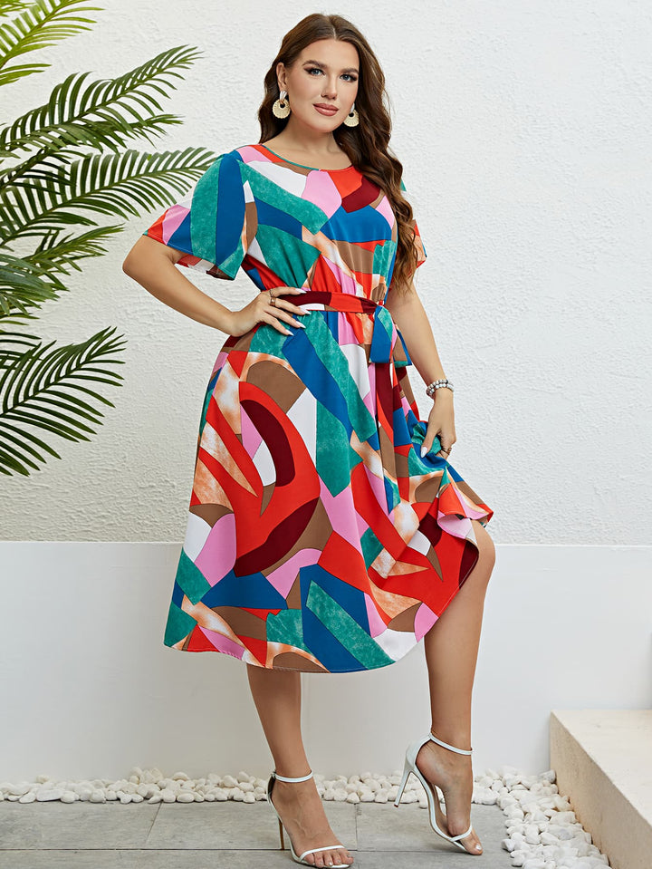 Be That Girl Plus Size Printed Round Neck Tie Belt Dress