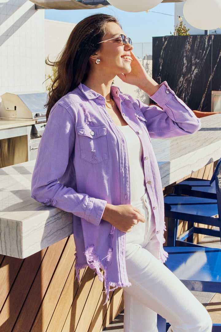All I Really Want American Bazi Full Size Distressed Button Down Denim Jacket in Lavender