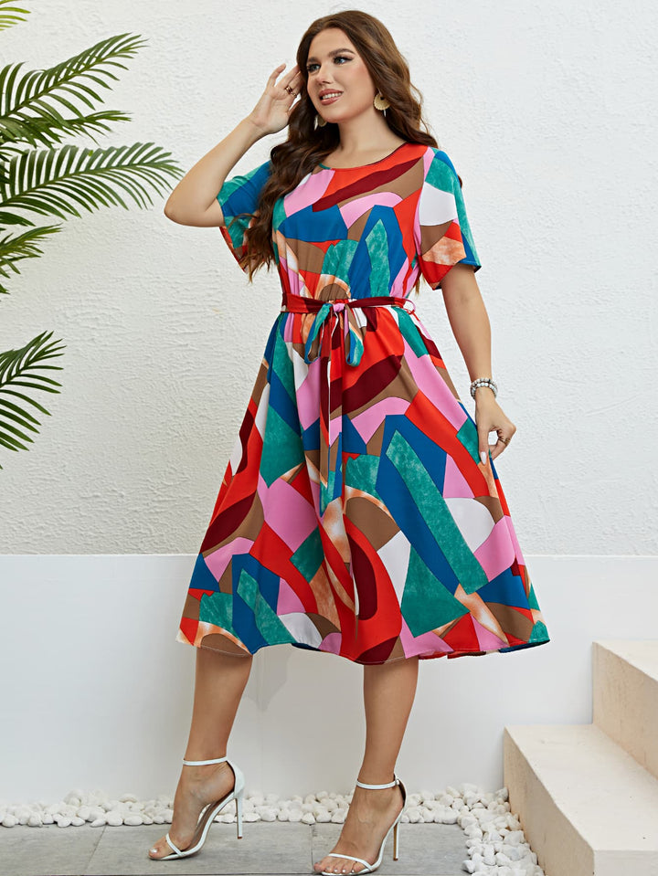 Be That Girl Plus Size Printed Round Neck Tie Belt Dress