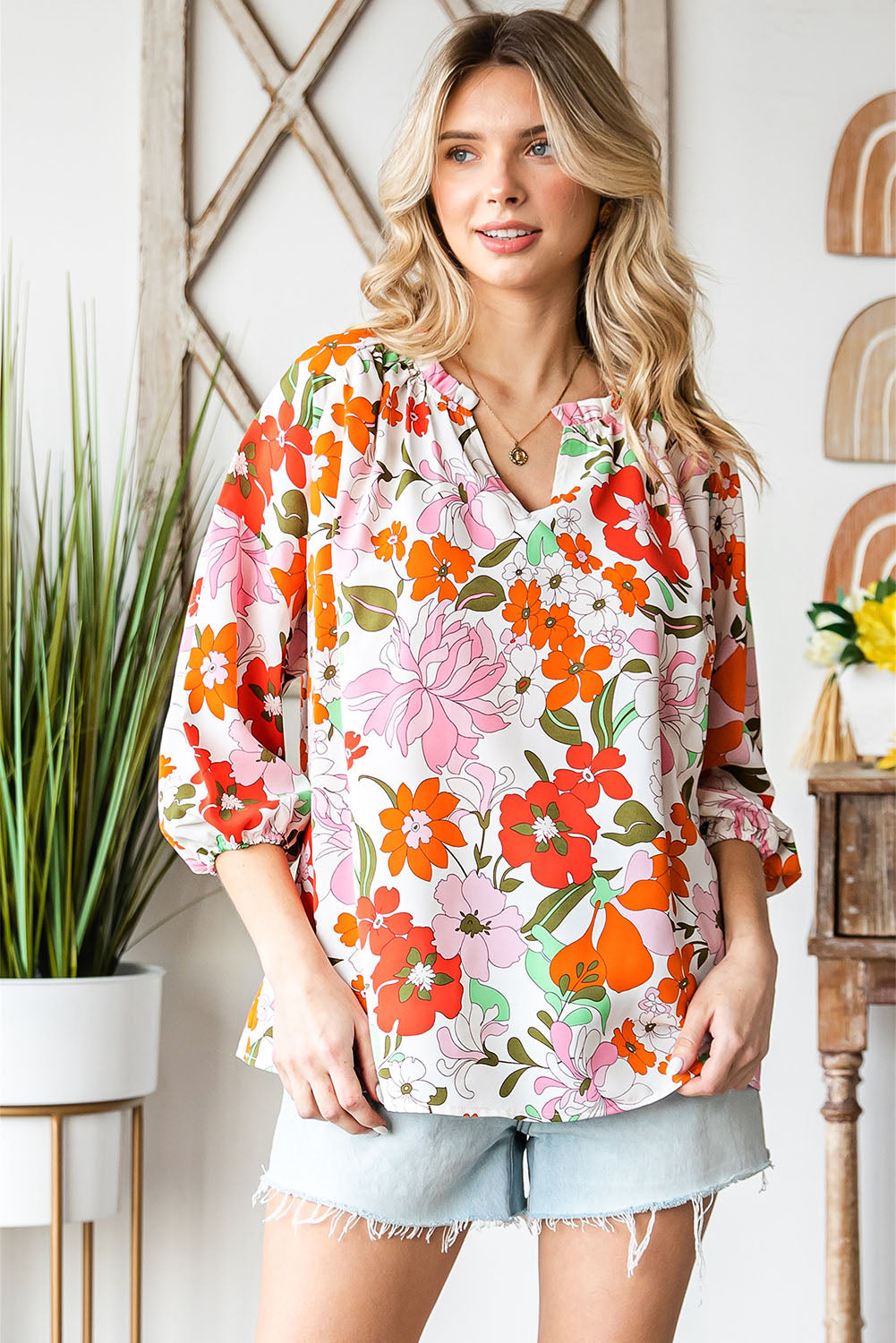 Summer Style Floral Notched Neck Balloon Sleeve Blouse