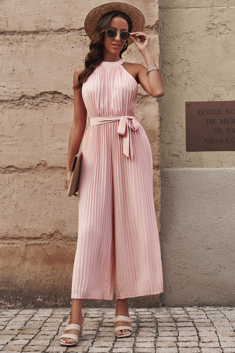 Rome Accordion Pleated Belted Grecian Neck Sleeveless Jumpsuit