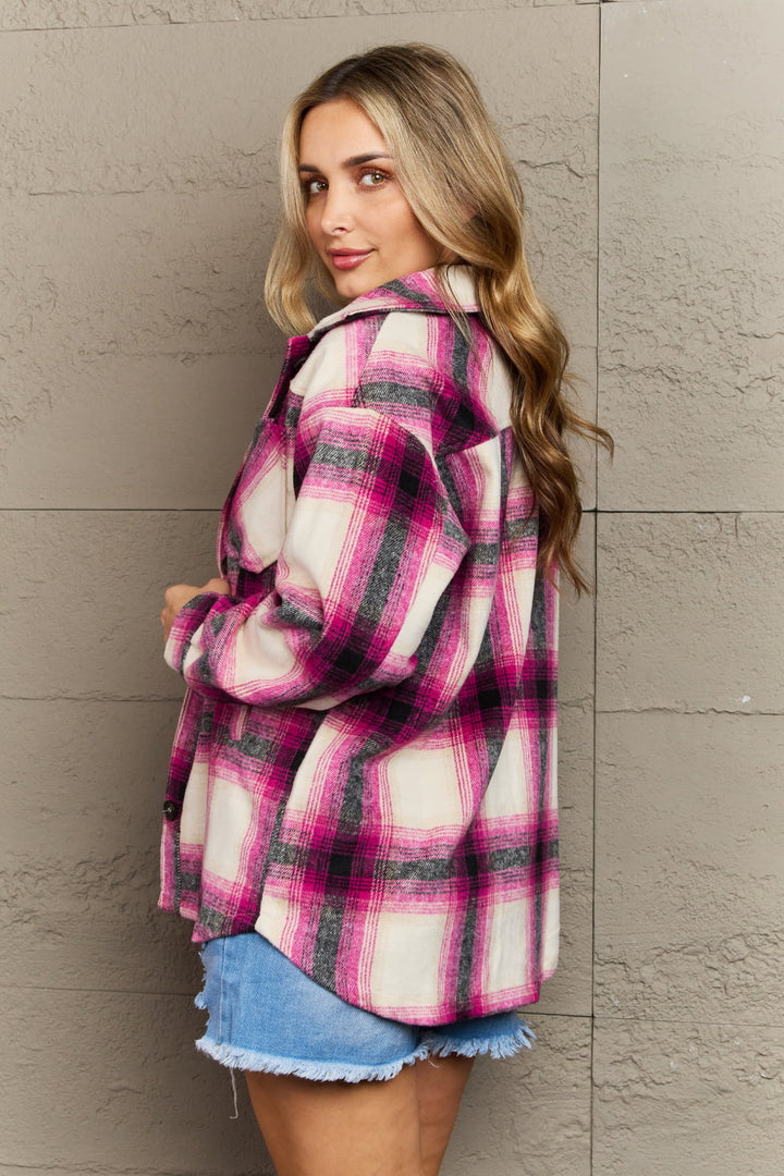 Zenana By The Fireplace Oversized Plaid Shacket in Magenta