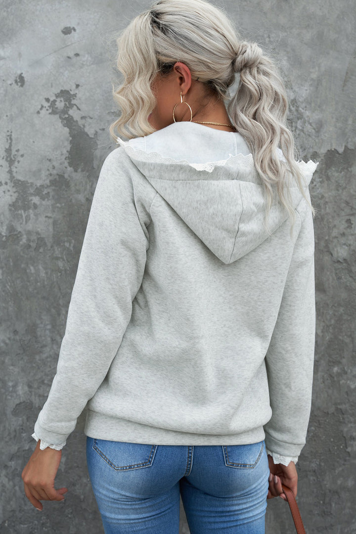 Sporty Chic Lace Trim Zip-Up Hooded Jacket