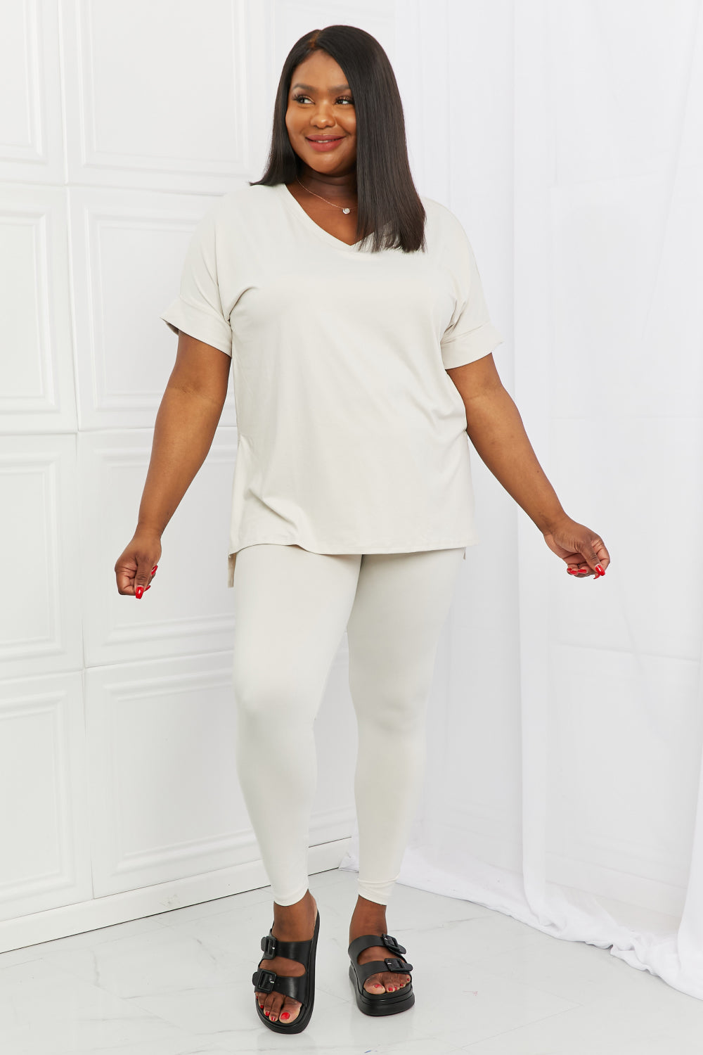 Zenana Women's Brushed DTY Microfier Round Neck Short Sleeve Hi-Low Hem &  Full Length Leggings Loungewear Set 