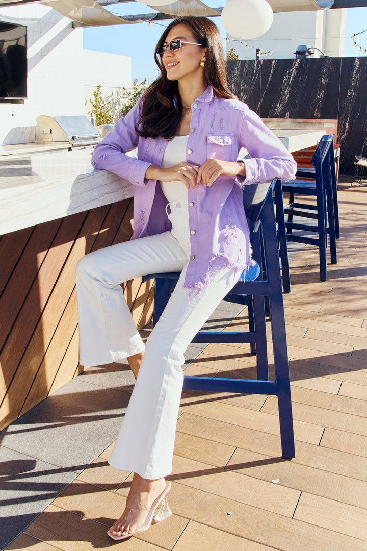All I Really Want American Bazi Full Size Distressed Button Down Denim Jacket in Lavender